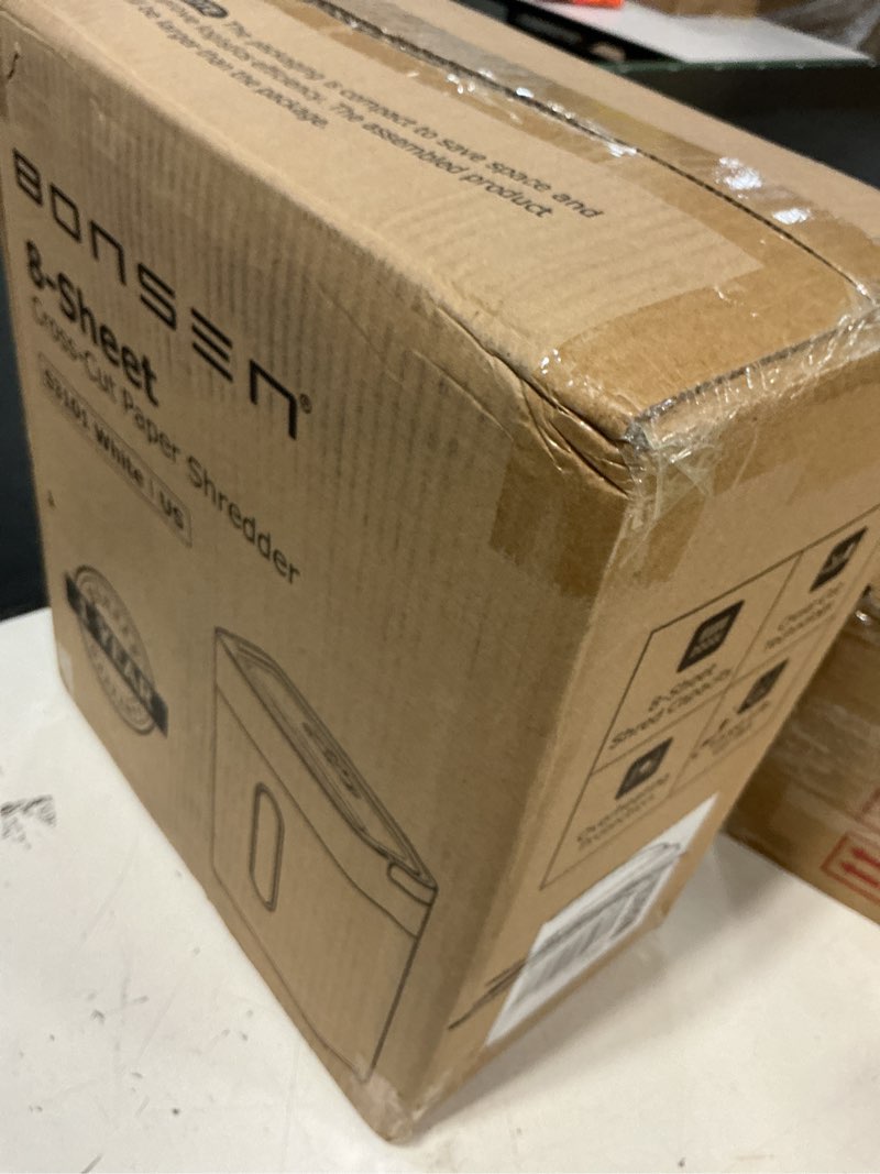 Condition photo showing New/Like New for bonsen shredders for home office, 8-sheet cross cut credit card shredder, small paper shredder for home use with 4 gal bin, p-4 high security level, white (s3101-w)