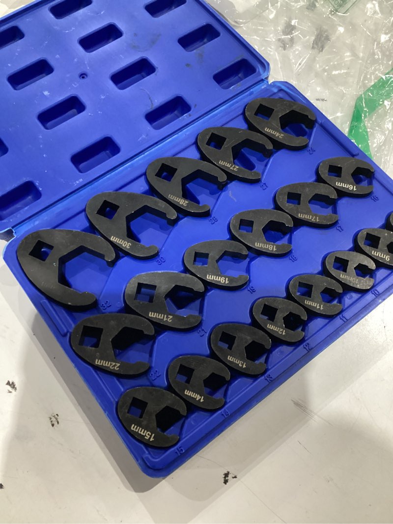 Condition photo showing As Is for yonligonju 19pc crowfoot flare nut wrench set, large & small metric, fits 8 to 32 mm flare nuts, works with 3/8" and 1/2" drives ratchets extenders for nut removal