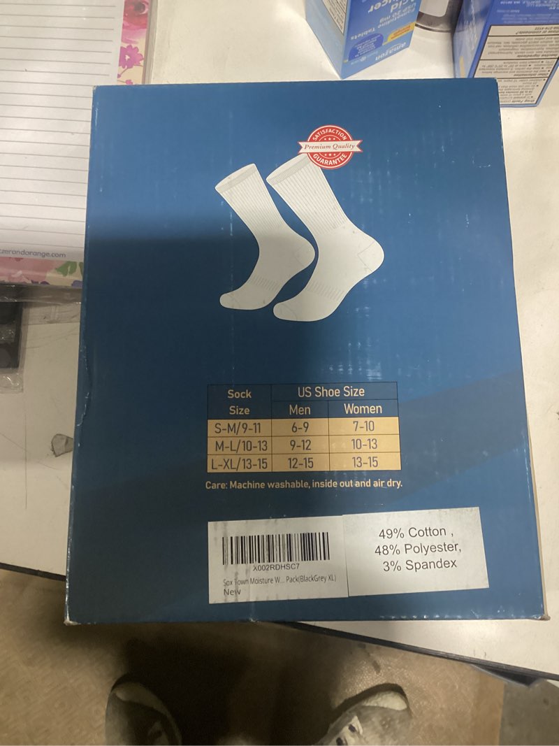 Condition photo showing New/Like New for SOX TOWN Unisex Cushioned Crew Training Athletic Socks Men & Women with Combed Cotton Moisture Wicking Breathable Performance Blackgrey(6 Pairs) 10-13