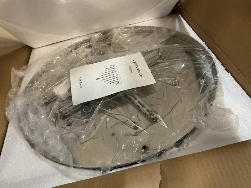 Condition photo showing New/Like New for Crystal Chandelier 19.7 Inch LED Crystal Ceiling Light 5 Tier Modern Flush Mount Chandeliers for Living Room Dining Room Bedroom(Round,Chrome,6500K)