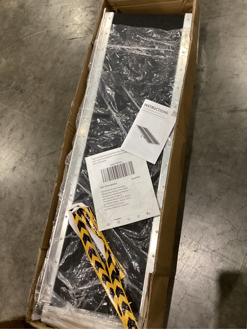 Condition photo showing As Is for fachnuo 8 feet portable wheelchair ramp, non-skid aluminum handicap ramps with handle, folding threshold wheel chair ramp for home steps, stairs, entry, threshold, doorways, scooter, 800lbs capacity aluminum 8ft(using height 8-24'')