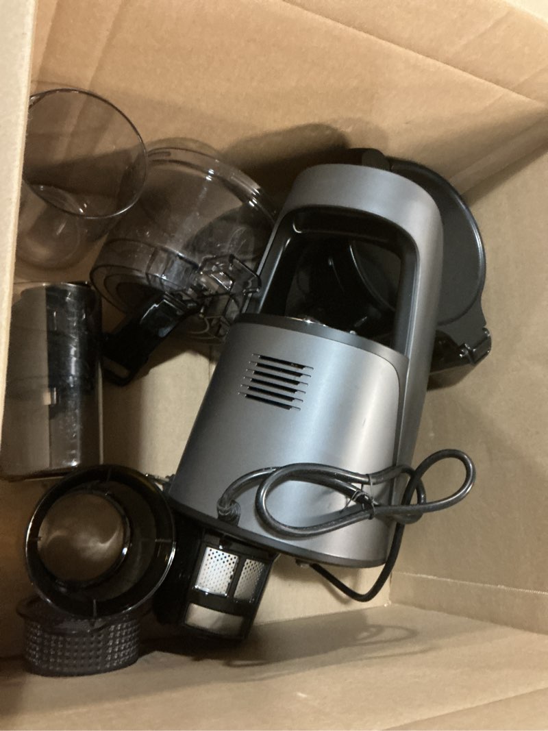 Condition photo showing As Is for juicer machines, 3-in-1 cold press juicer with 6.5" extra large chute, 100oz large capacity, ac motor, makes juice, nut milk & sorbet, premium gray