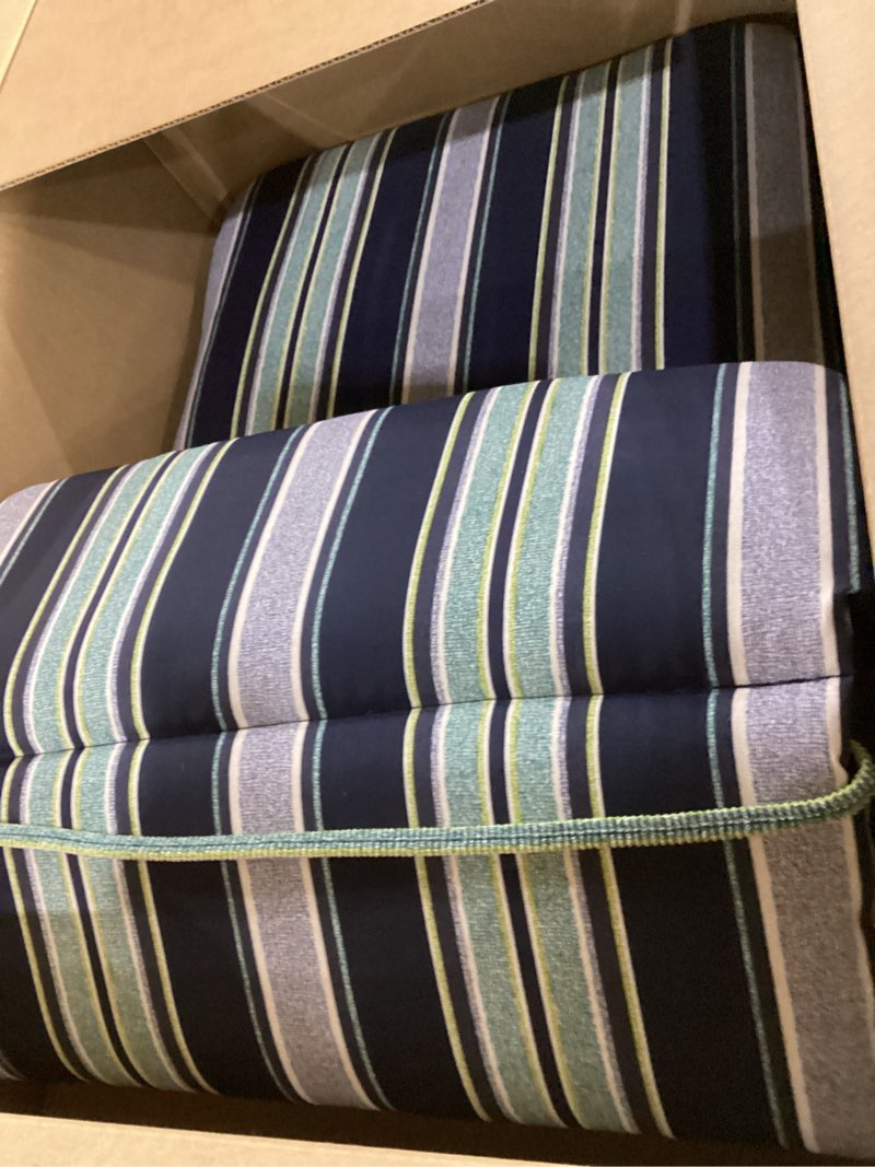 Condition photo showing New/Like New for arden outdoor adirondack or rocking chair cushion, 20 x 17, rain-proof, fade resistant 17 x 20, sapphire aurora blue stripe sapphire aurora blue stripe standard adirondack