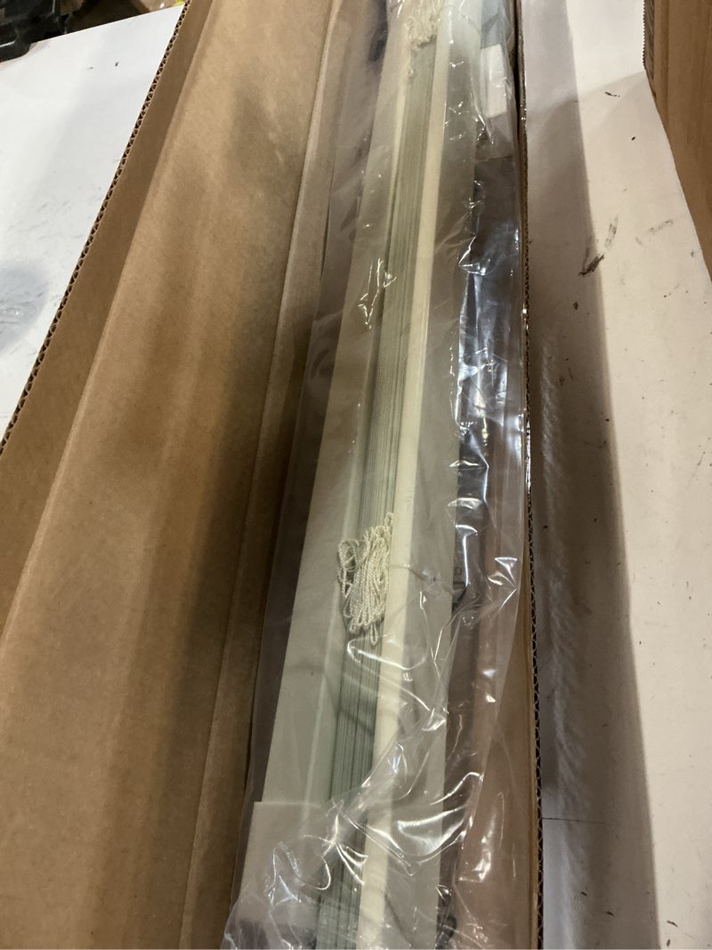 Condition photo showing As Is for lazblinds no tools-no drill 1" aluminum mini blinds, cordless blinds for indoor windows, light filtering horizontal blinds and shades for window size 27'' w x 64'' h, cream no drill-cream 27'' w x 64'' h