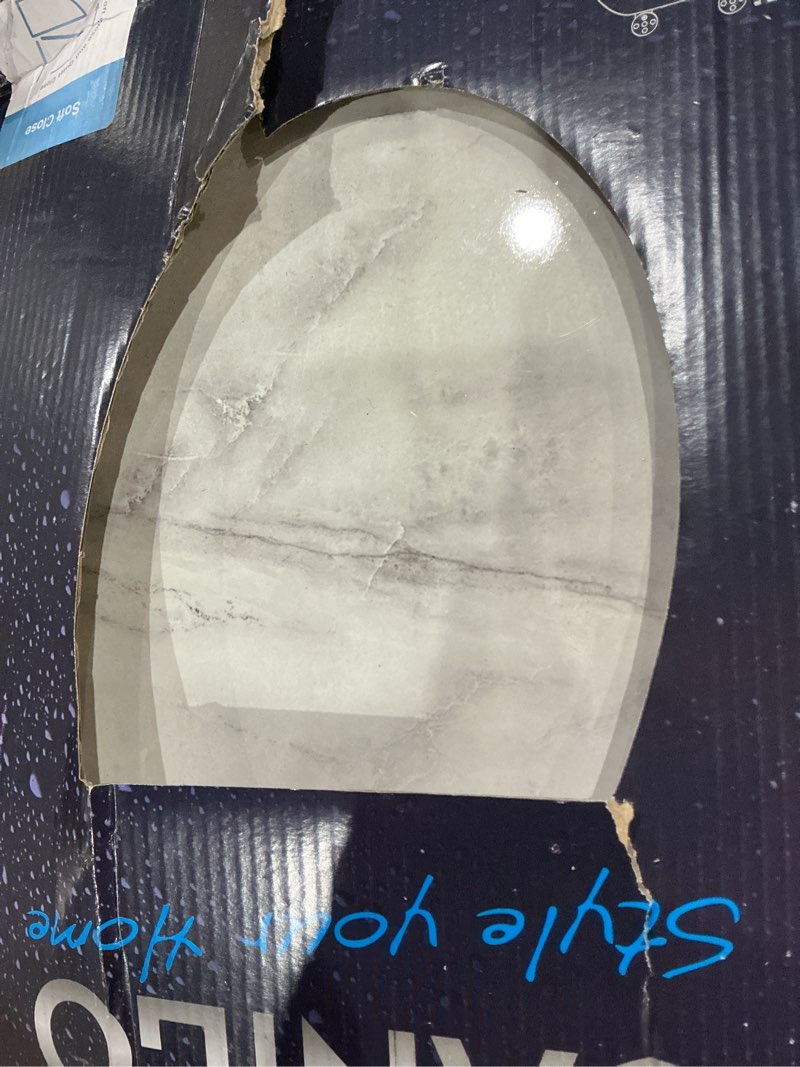 Condition photo showing As Is for sanilo soft close toilet seat round, quiet and slow close lid and seat, strong bumpers and hinges, marble