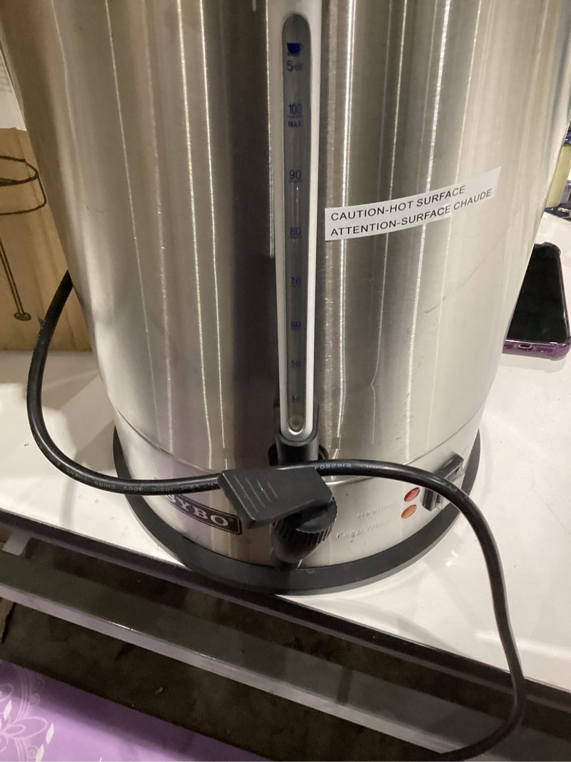 Condition photo showing As Is for sybo sr-cp-100b commercial grade stainless steel percolate coffee maker hot water urn for catering, 100-cup 16 l, metallic 16l metallic