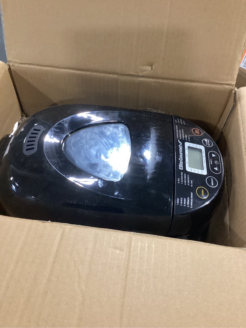 Condition photo showing Good Condition for elite gourmet programmable bread maker, 2 lb loaf, 3 sizes, 19 presets incl. gluten-free, dough & jam, delay timer, black