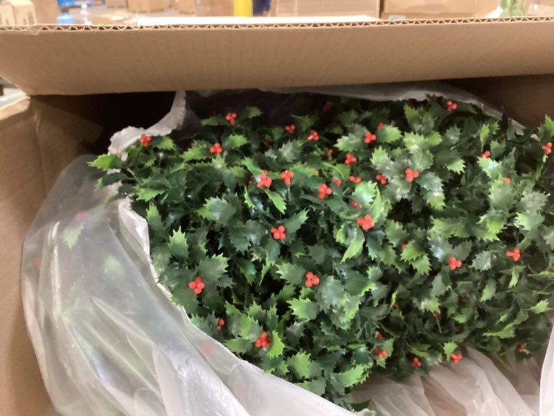 Condition photo showing Good Condition for 2pcs Artificial Bushes Holly Spray Berries Cedar Leaf Stems Christmas Flowers Leaves Home Party Decoration,Christmas Wreath Arrangement Craft Wedding Party Decorations Christmas holly & berries