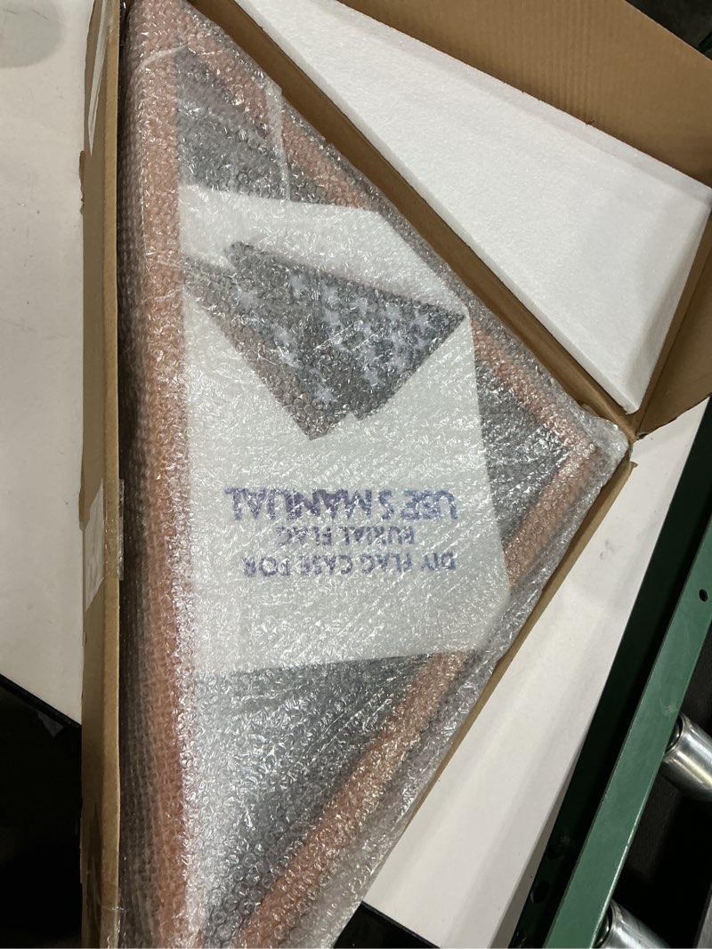 Condition photo showing Good Condition for Personalized DIY Flag Case for Burial Flag by Yourself, Glass Front Brown Display Case for Memorial 5'x9.5' Flag, Custom Name Wood Shadow Box for Military, Metal Letters and Logo Stickers Wall Mounted