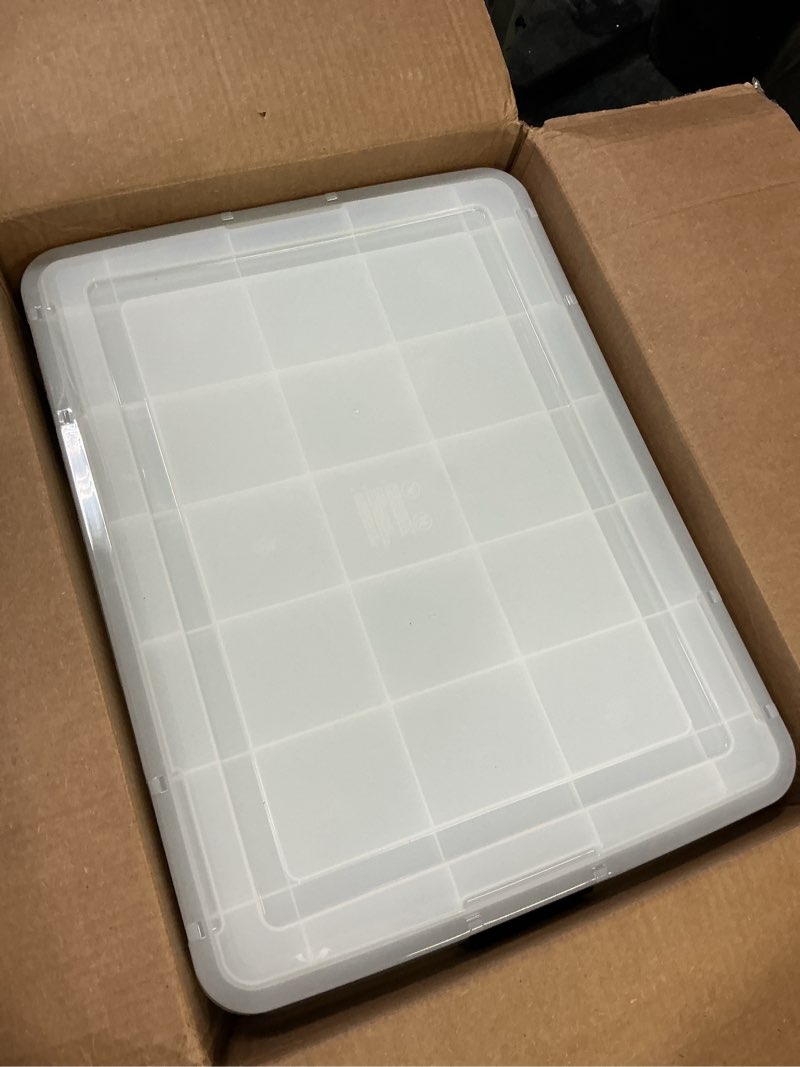 Condition photo showing Good Condition for IRIS USA WeatherPro 41 Qt Storage Bins with Lids, 4 Pack, BPA-Free Plastic Gasket Box with Tight Latch and Seal, Stackable Nestable Tote Tub - Clear/Black 41 Qt. - 4 Pack