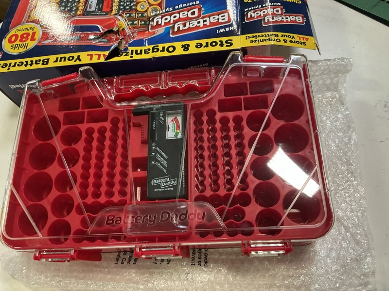 Condition photo showing As Is for Ontel Battery Daddy Storage & Organizer Case with Tester, Stores & Protects Up to 180 Batteries, Double-Sided, Durable Design with Clear Locking Lid, Secure Latches & Portable Carrying Handle - Red Red Original - 180 Batteries