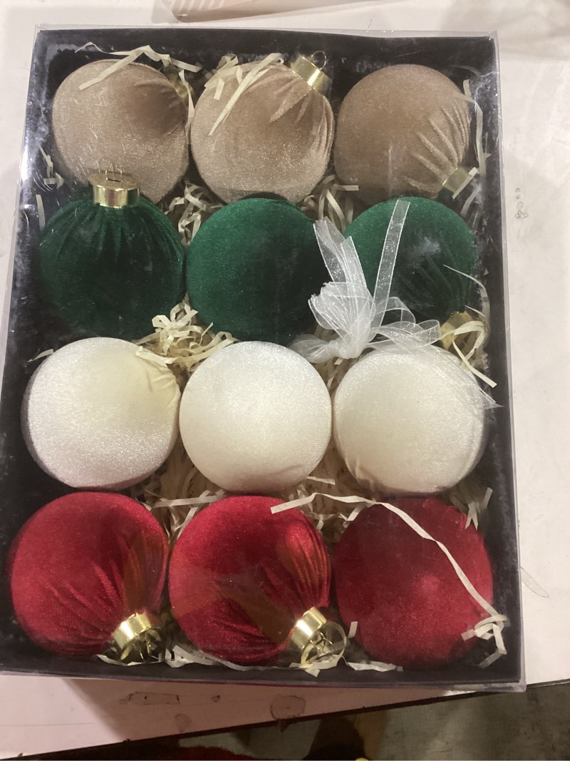 Condition photo showing New/Like New for Super Holiday 3.14" Velvet Christmas Balls, 12PCS 80MM Plastic Christmas Ball Ornaments for Xmas Tree Hanging Decorations Assortment, for Holiday Party Decor, Red, White, Green, Coffee Red+white+green+coffee