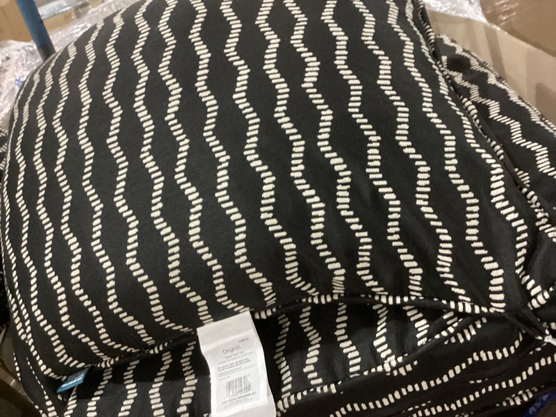 Condition photo showing As Is for origin 21 25-in x 25-in 2-piece black helix jacquard deep seat patio chair cushion