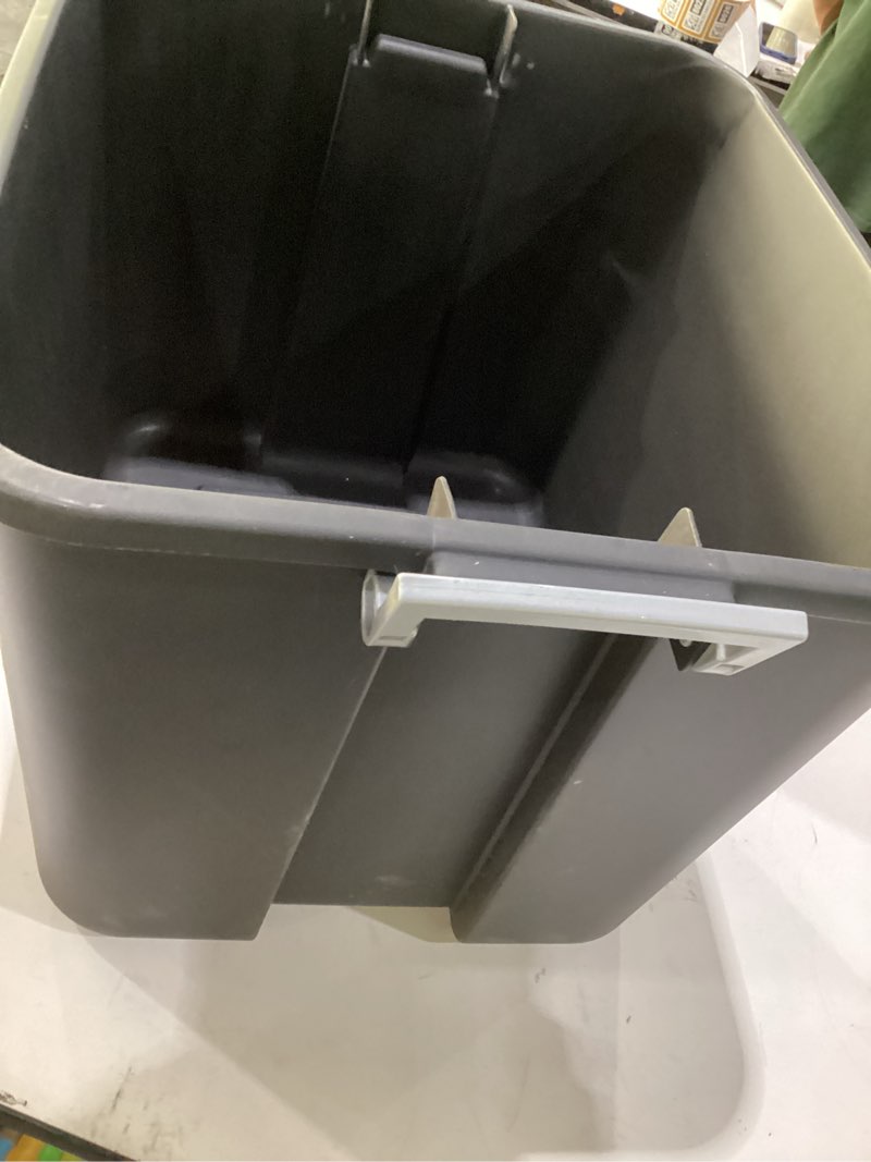Condition photo showing As Is for black plastic storage bin, missing lid