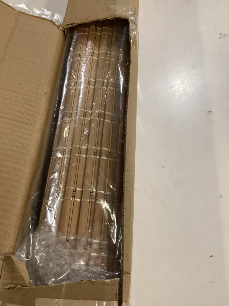 Condition photo showing Good Condition for lazblinds cordless bamboo roman shades, privacy blinds for interior windows, room darkening roll up bamboo blinds for home & patio, 30.5" w x 48" h, highfield teak pricacy - highfield teak 30 1/2" w x 48" h
