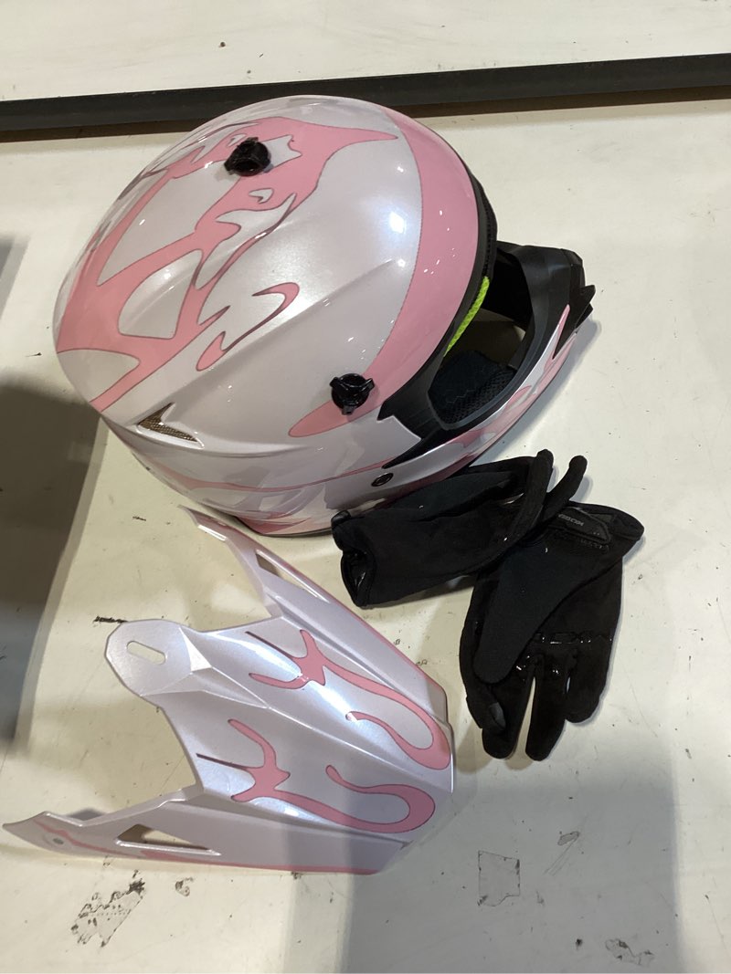 Condition photo showing As Is for youth kids dirt bike helmet for boys & girls,f001 full face motorcycle helmet for off-road atv street riding four wheeler mountain bike with goggles gloves,dot approved pink flame medium