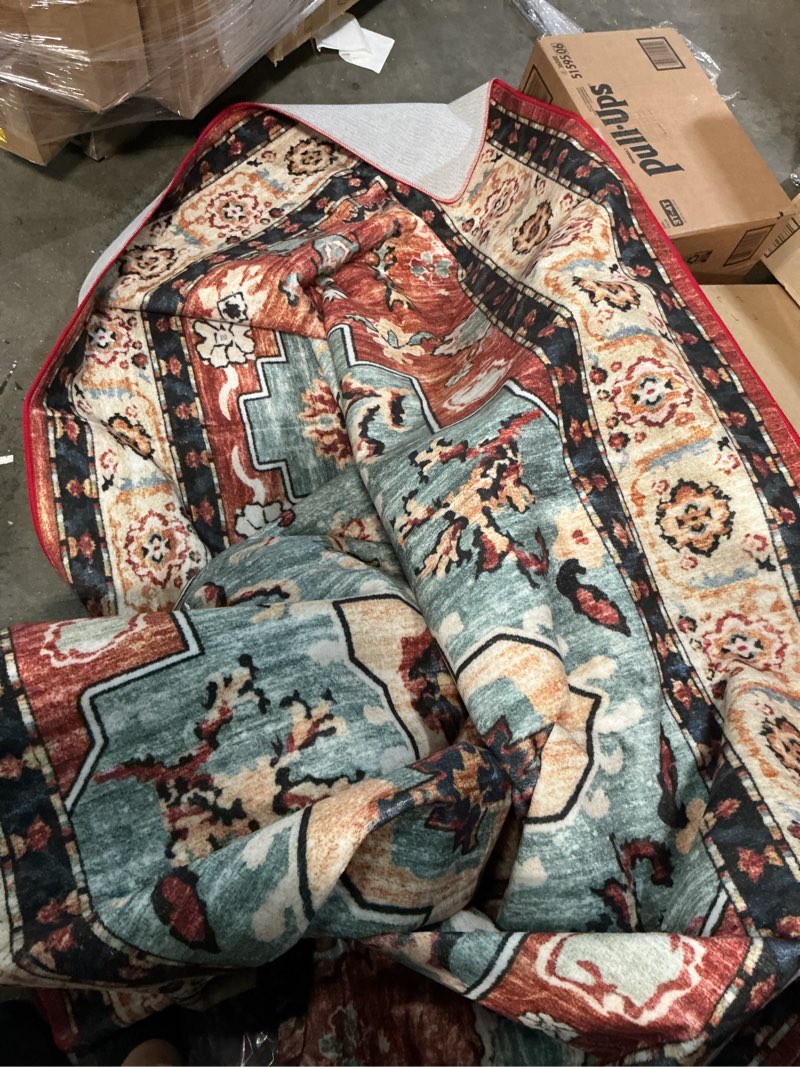 Condition photo showing As Is for lahome boho tribal 8x10 area rugs for living room, 8 x 10 washable rug for bedroom aesthetic, large oriental vintage soft dining room carpet for under table playroom (rust/dull teal,8x10ft) 8' x 10' (rectangular) geometric tribal
