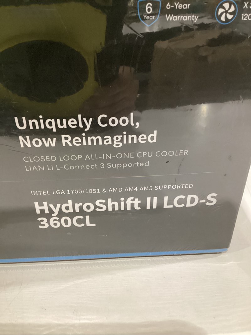 Condition photo showing New/Like New for lian li hydroshift ii-s lcd 360tl argb liquid cpu cooler - 360mm aio - 3.4\" ips lcd square screen - daisy-chain - low-noise - intel lga 1851/1700, amd am5/am4-3x tl120 argb fan - black (hs2lcds36tb) 360 tl - black 3.4\" square lcd, similar to stock photo, actually model in photo