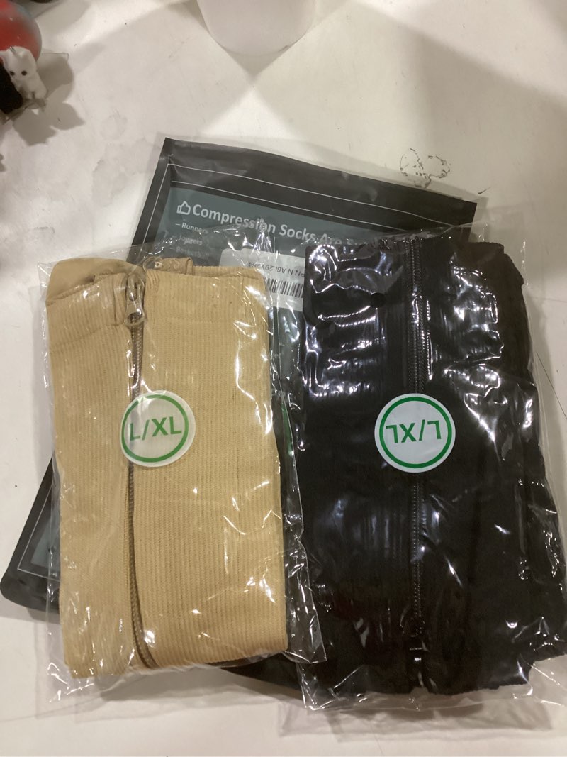 Condition photo showing New/Like New for bropite Zipper Compression Socks Women & Men - 2Pairs Calf Knee High 15-20mmHg Open Toe Compression Stocking suit for Walking Large-X-Large C-black/Nude