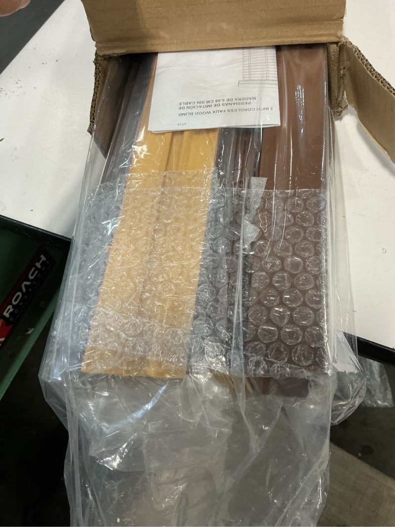 Condition photo showing Good Condition for Eclipse 2in. Faux Wood Blinds, 53"W x 64"L in Dark Oak - Cordless Window Blinds, Certified Safe for Children & Pets, Light Filtering, Wand Tilt and Smooth Easy Operation, Window Shades for Home 53"W x 64"H Dark Oak