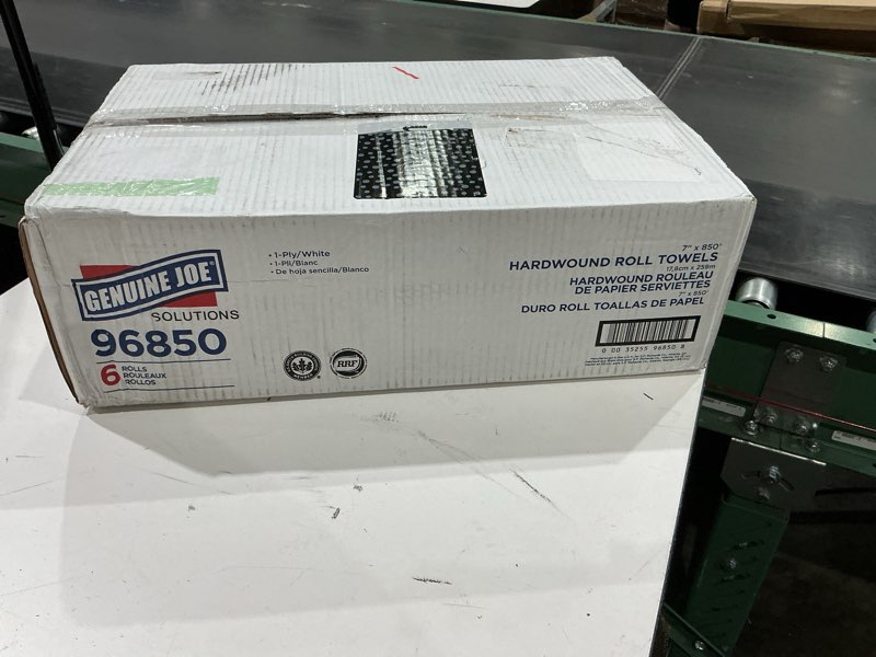 Condition photo showing New/Like New for genuine joe solutions 850' roll hard wound paper towels - 1 ply - 7" x 850 ft - white - virgin fiber - soft, embossed, absorbent, eco-friendly, strong - 6 / carton