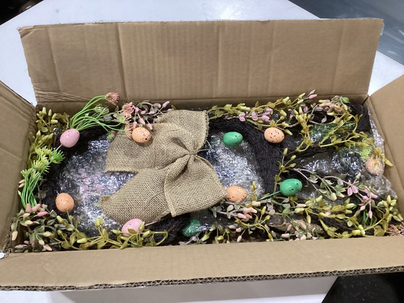Condition photo showing New/Like New for 2 pack easter bunny wreath for front door - large 20 inch rabbit shaped spring wreaths with eggs and burlap bow - natural vine hanging decor for double door wall porch farmhouse (indoor & covered outd