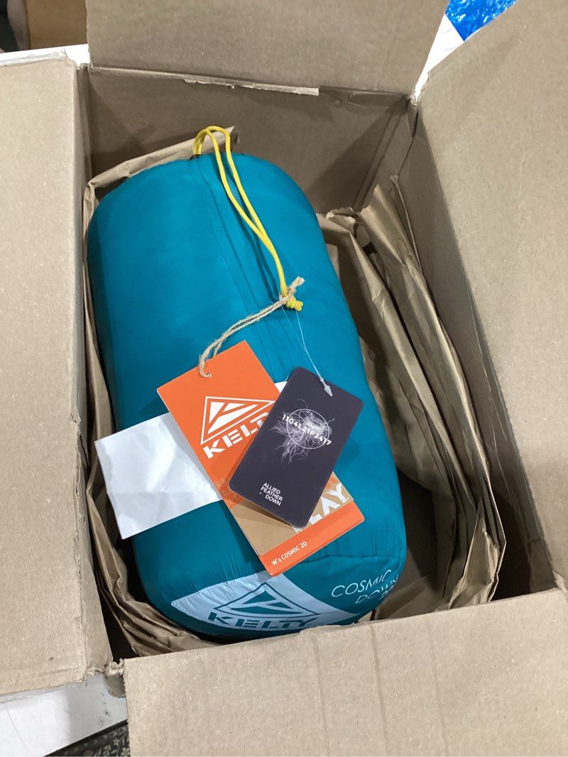 Condition photo showing Good Condition for kelty cosmic 20 degree 550 down fill sleeping bag for 3 season camping, premium thermal efficiency, soft to touch, large footbox, compression stuff sack