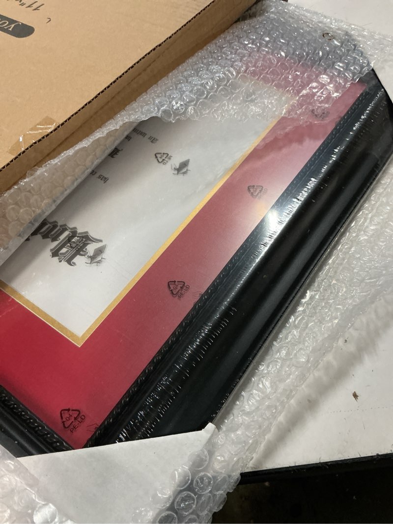 Condition photo showing Good Condition for GMFrames 11x14 Diploma Degree Frame with Red Mat or Display 15x18 Certificates without Mat,Solid Wood,Black Finish with Intricate Black Rope Detail,UV Protection Acrylic Black / Red Gold Mat 15x18 for 11x14 with Mat
