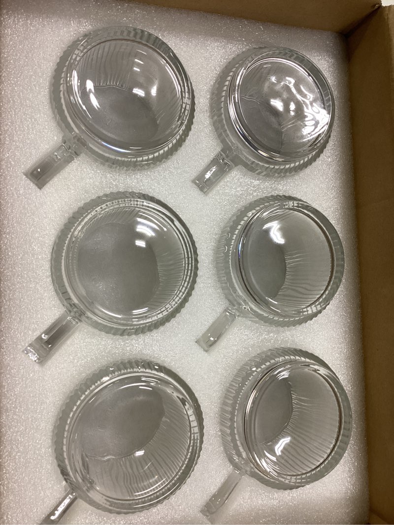 Condition photo showing Good Condition for 6 PACK Premium Glass Coffee Mugs with Handle, 12 OZ Classic Vertical Stripes Glass Coffee Cups, Transparent Tea Cup for Hot/Cold Beverages, Glassware Set for Americano, Latte, Cappuccino