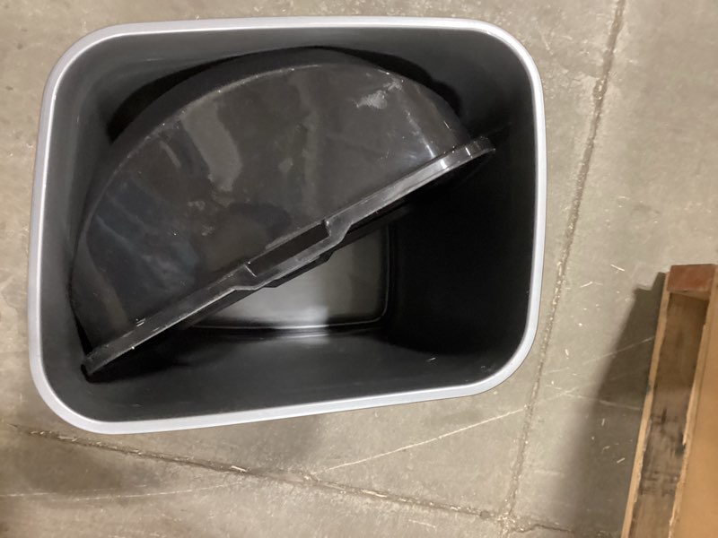 Condition photo showing As Is for Superio Trash Can with Swing Top Lid 9 Gallon, Grey and Black Slim Waste Bin Durable Plastic 37 Qt Fit Small Spaces, Office, Bathroom, Under