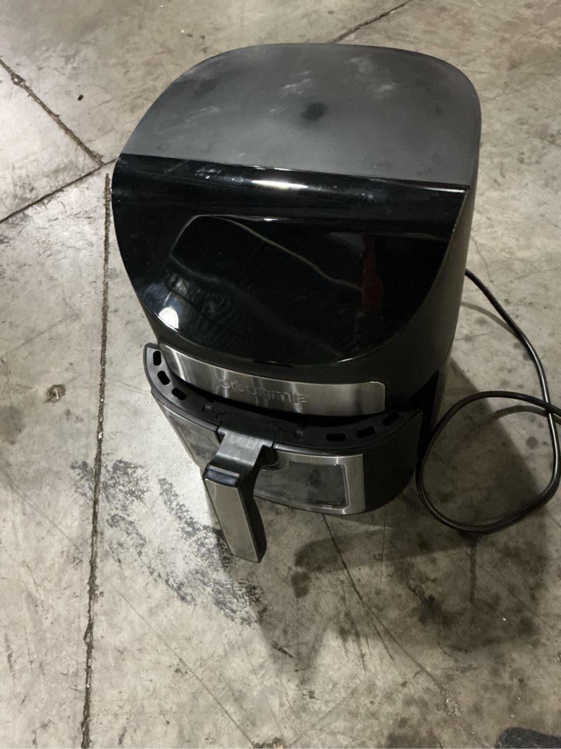 Condition photo showing As Is for gourmia air fryer - 7 qt large capacity with led display, 12 one-touch presets, fryforce 360° technology, nonstick dishwasher-safe basket & crisper tray, black