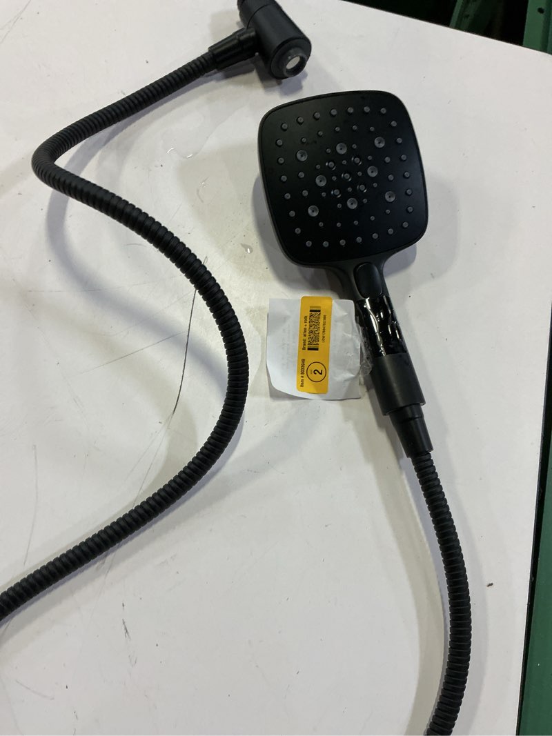 Condition photo showing As Is for allen + roth somerton 4 -spray matte black 5.15-in handheld shower head 1.8 gpm