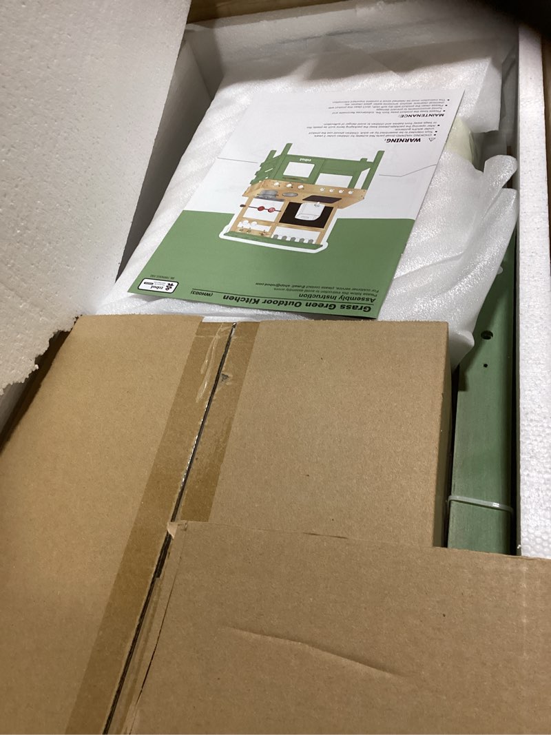 Condition photo showing Good Condition for ROBUD Mud Kitchen for Kids Outdoor, BBQ Grill Solid Wood Outdoor Play Kitchen, Green Kids Mud Kitchen with Working Water Tap, Blackboard, Garden Sink, Monteeori Toys for Children Ages 3+, WH003-2 Bbq Mud Kitchen