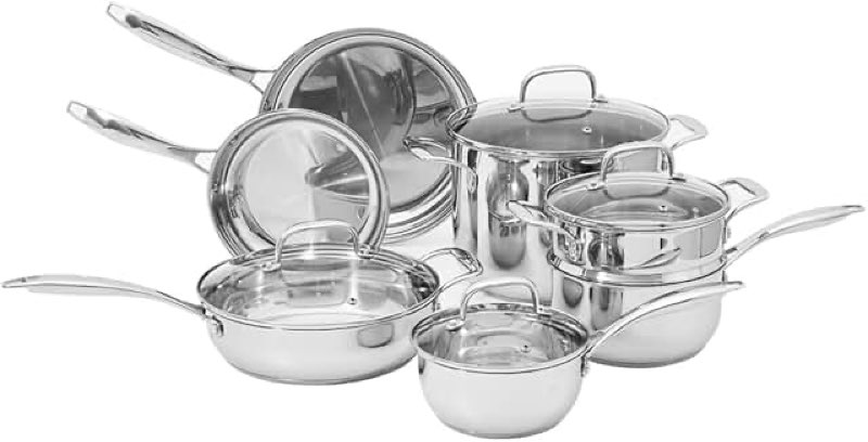 amazon basics stainless steel cookware 11-piece set, oven safe, induction-ready, even heating, non toxic, stay-cool handles, pots and pans, all stovetops, glass lids, silver