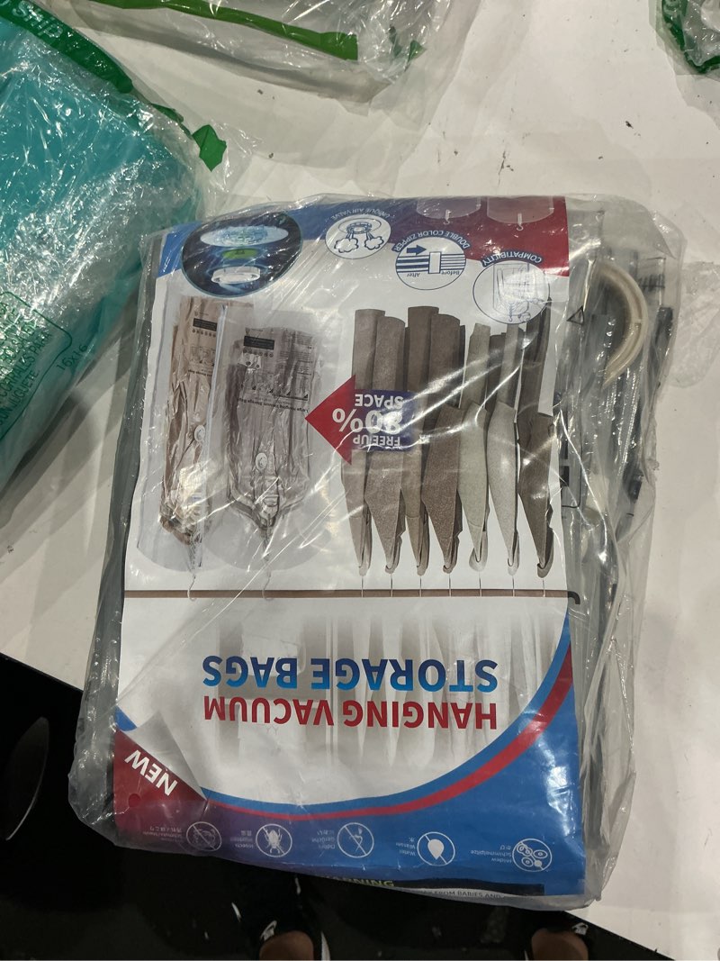 Condition photo showing Good Condition for hanging vacuum storage bags, 6 pack large hanging space saver bags, vacuum sealed for clothes suits dress jackets for moving supplies(3 long, 3 short) 6-combo