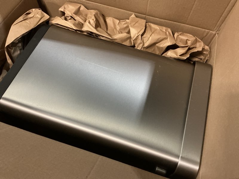 Condition photo showing As Is for eko deluxe mirage-t 50 liter / 13.2 gallon touchless rectangular motion sensor trash can, matte stainless steel finish deluxe 50l - stainless steel