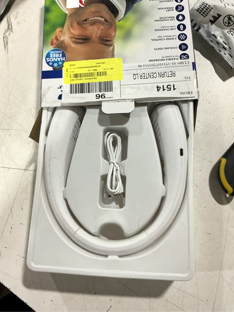 Condition photo showing As Is for arctic air freedom neck cooler, portable neck fan with 3 fan speeds, usb charging, 6-hour battery