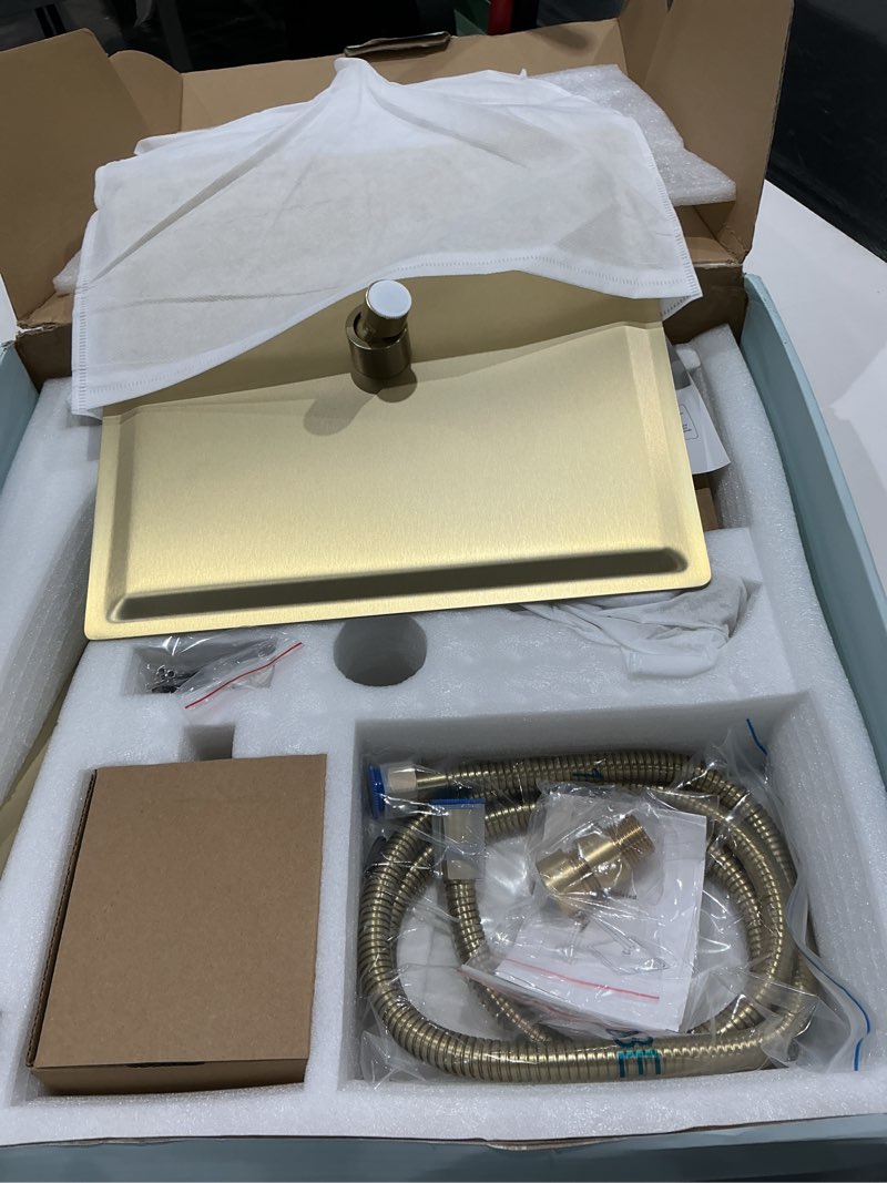Condition photo showing Good Condition for brushed gold shower fixtures, gold shower faucet set with 12 inch gold shower heads with handheld spray combo and tub spout, shower systems with rain shower and handheld (valve included) tub shower faucet brushed gold