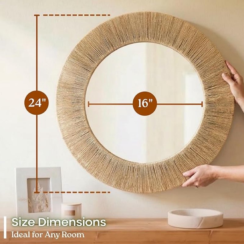 chi an home 24 inch natural jute mirror, wall mounted round mirror with metal frame, wall decor rustic farmhouse boho decor accent for bathroom, bedroom, living room, or entryway