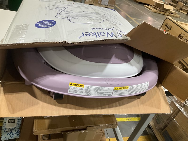 Condition photo showing As Is for chicco mod walker foldable infant walker, 3 height adjustments, bpa-free tray with 2 cup holders, brake pads, for children up to 26 lbs., space-saving compact fold, lavender/purple