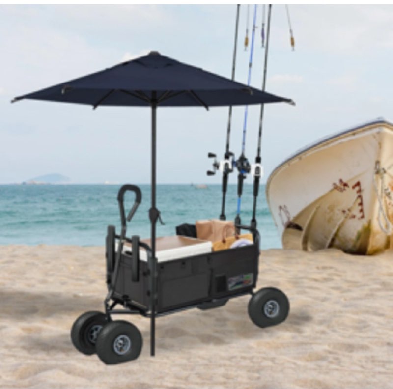 Fishing Cart Beach Cart Collapsible Wagon w/11'' All-Terrain Wheels for Sand with Storage Pockets