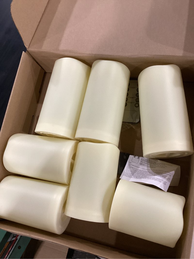 Condition photo showing Good Condition for enido flameless candles with remote, 9 pc outdoor waterproof battery operated led pillar candles, flickering electric candles with timer, 3" x 4" 5" 6" for lantern, patio, wedding, easter water resistance, pack of 9 (d: 3" x h: 4"4"5"5"5"6"6"6"6")