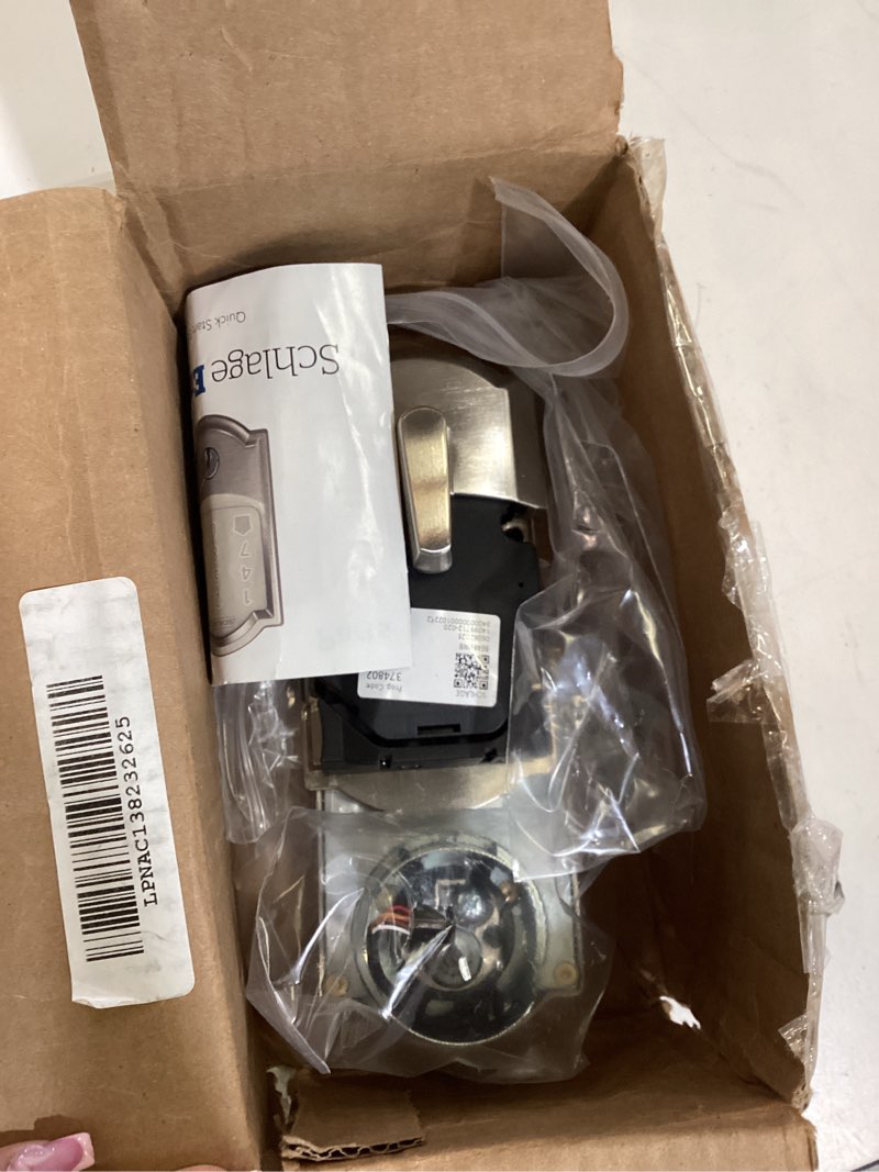 Condition photo showing As Is for schlage encode smart wi-fi deadbolt lock with touchscreen keypad, keyless front door entry, app control, alexa, google home and airbnb compatible, satin nickel, be489wb cam 619 satin nickel camelot
