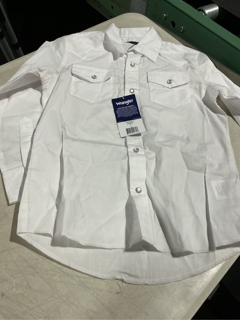 Condition photo showing Good Condition for wrangler boy's long sleeve white snap shirt medium white