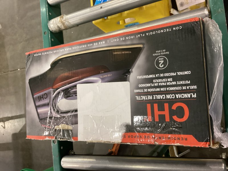 Condition photo showing As Is for CHI Steam Iron for Clothes with 8’ Retractable Cord, 1700 Watts, 3-Way Auto Shutoff, 400+ Holes, Professional Grade, Temperature Control Dial, Titanium Infused Ceramic Soleplate, Black/Chrome (13109) 1700 Watts Titanium-Infused Ceramic Plate, Black/Chrome
