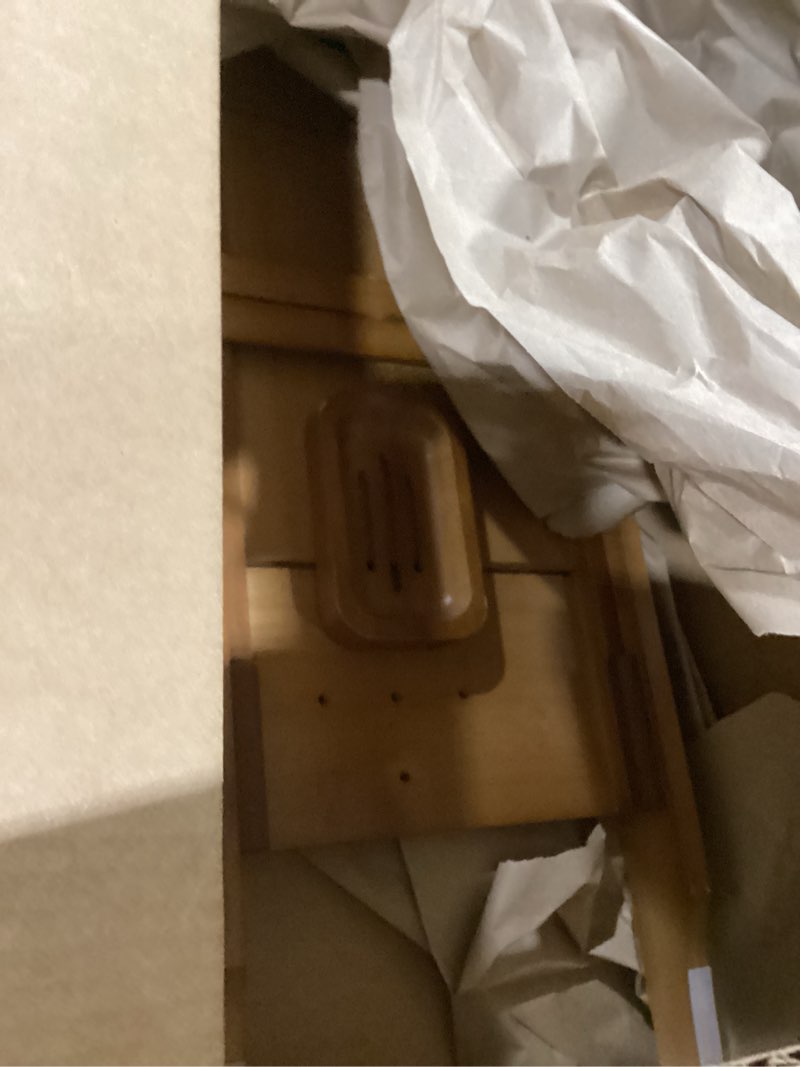 Condition photo showing Good Condition for Bamboo Bathtub Tray Caddy - Splash-Proof Adjustable (28.5-40") with Wine Holder, Tablet Stand & Non-Slip Grip | Spa-Grade Organizer for Bath Essentials & Reading- Walnut Bamboo Brown