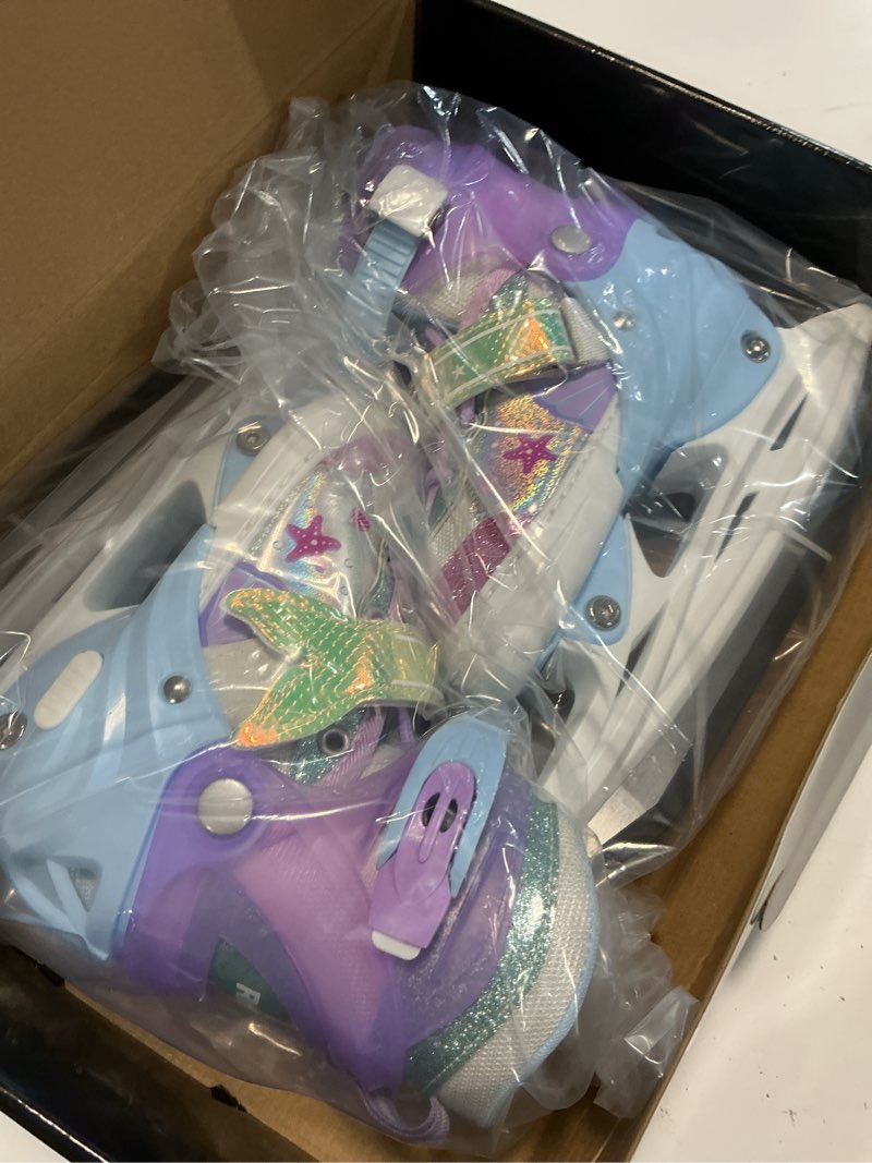 Condition photo showing New/Like New for mermaid tail girls ice skates, adjustable ice skates for kids youth ages 3-12, toddler ice hockey skates for beginners, warm ice skating shoes for outdoor and rink blue small(us 10c-13c)little kids