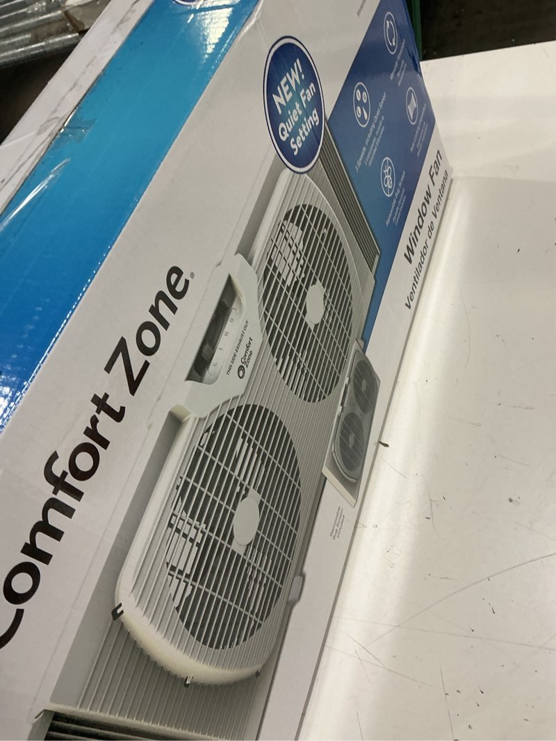 Condition photo showing Good Condition for comfort zone 9  twin window fan with quiet setting  reversible airflow control  3-speeds  expandable  exhaust  dual fan  airflow 9.84 ft/sec  ideal for home  kitchen  bedroom & office  cz319wt2