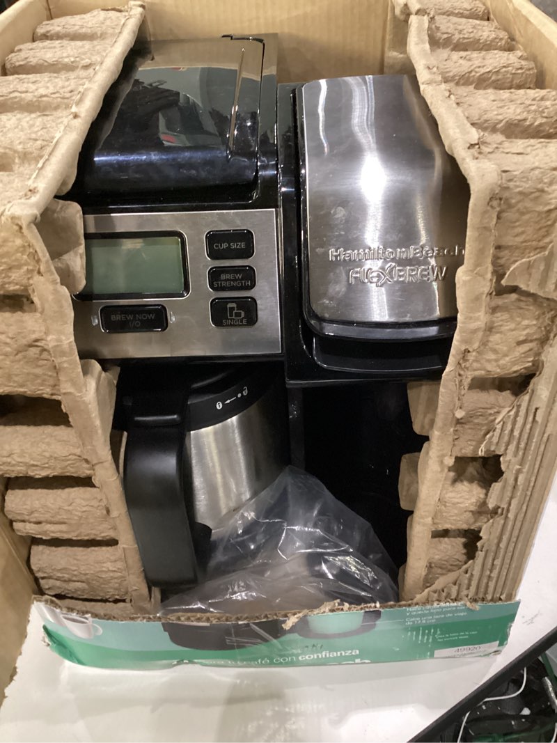 Condition photo showing As Is for hamilton beach flexbrew trio 2-way coffee maker, compatible with k-cup pods or grounds, combo, single serve & full 12c thermal pot, black and stainless – fast brewing 12 cups, not tested, incomplete