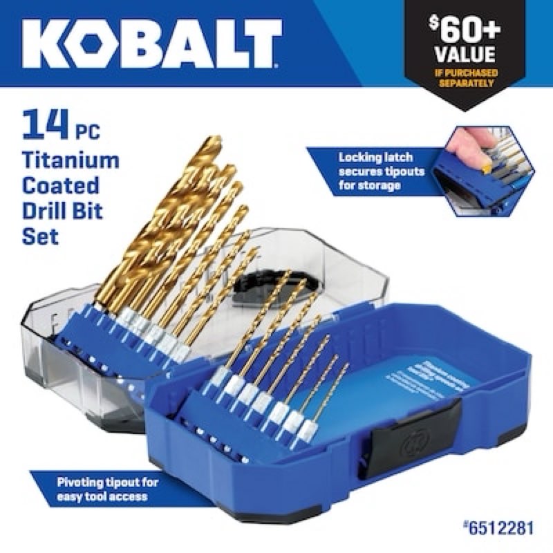 kobalt 14 -piece assorted titanium coated hss jobber length twist drill bit set